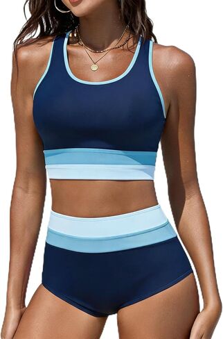 Women's Two Piece Bikini Set High Waisted Tummy Control Bathing Suit Athletic Color Block Swimsuits in Saudi Arabia