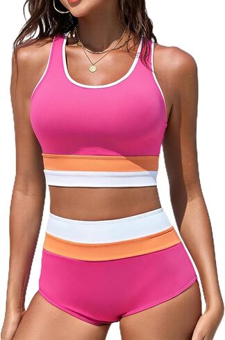 Women's Two Piece Bikini Set High Waisted Tummy Control Bathing Suit Athletic Color Block Swimsuits in Saudi Arabia