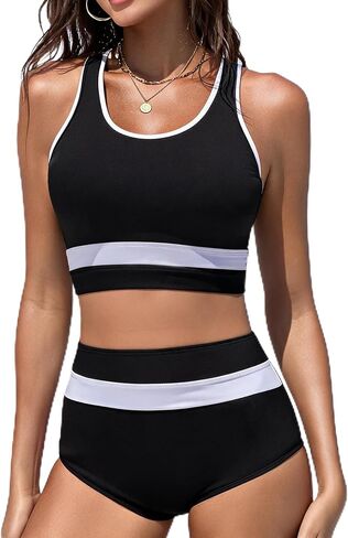 Women's Two Piece Bikini Set High Waisted Tummy Control Bathing Suit Athletic Color Block Swimsuits in Saudi Arabia