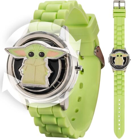 Star Wars The Mandalorian Grogu Kids LCD Watch with Spinning Emblem, Stainless Steel Case, Silicone Strap, Easy-Read Digital Dial, Officially Licensed, Fits Wrists 5.5'' to 8'' in Kuwait