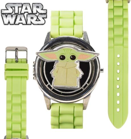 Star Wars The Mandalorian Grogu Kids LCD Watch with Spinning Emblem, Stainless Steel Case, Silicone Strap, Easy-Read Digital Dial, Officially Licensed, Fits Wrists 5.5'' to 8'' in Kuwait