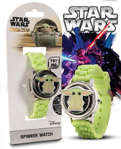 Star Wars The Mandalorian Grogu Kids LCD Watch with Spinning Emblem, Stainless Steel Case, Silicone Strap, Easy-Read Digital Dial, Officially Licensed, Fits Wrists 5.5'' to 8'' in Kuwait