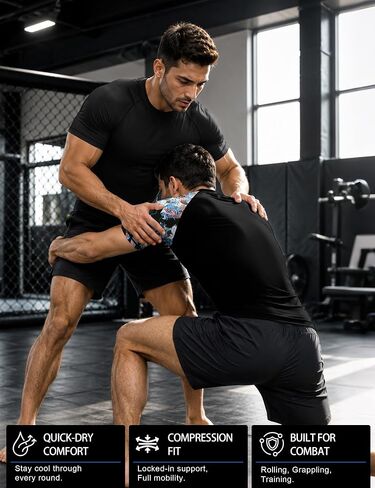 قمصان السباحة الرجالية BJJ Rash Guard من Roadbox بأكمام قصيرة، عامل حماية من الأشعة فوق البنفسجية 50+ Jiu Jitsu، طبقة أساسية مضغوطة لركوب الأمواج MMA No Gi Surfing in Kuwait