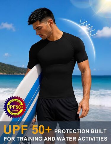 قمصان السباحة الرجالية BJJ Rash Guard من Roadbox بأكمام قصيرة، عامل حماية من الأشعة فوق البنفسجية 50+ Jiu Jitsu، طبقة أساسية مضغوطة لركوب الأمواج MMA No Gi Surfing in Kuwait