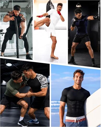 قمصان السباحة الرجالية BJJ Rash Guard من Roadbox بأكمام قصيرة، عامل حماية من الأشعة فوق البنفسجية 50+ Jiu Jitsu، طبقة أساسية مضغوطة لركوب الأمواج MMA No Gi Surfing in Kuwait