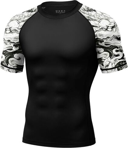 قمصان السباحة الرجالية BJJ Rash Guard من Roadbox بأكمام قصيرة، عامل حماية من الأشعة فوق البنفسجية 50+ Jiu Jitsu، طبقة أساسية مضغوطة لركوب الأمواج MMA No Gi Surfing in Kuwait