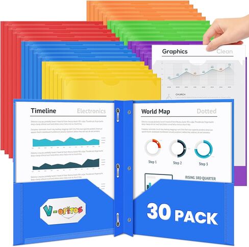 V-Opitos 30 Pack 2 Pocket Plastic Folders with 3 Prongs & Clear Front Pocket, Bulk Heavy Duty Folder with Fastener Clasps, Multicolor Folders for School and Office in Kuwait
