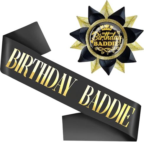 Birthday Baddie Sash Pin Set Black Glitter Sash Pin Button with Gold Foil for Women Girls Men Decorations Accessories for Party Supplies in Saudi Arabia