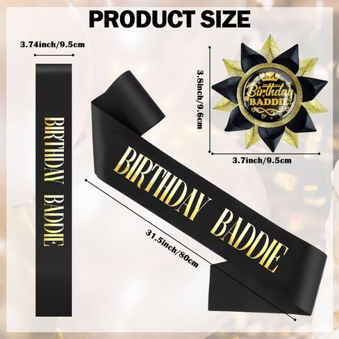 Birthday Baddie Sash Pin Set Black Glitter Sash Pin Button with Gold Foil for Women Girls Men Decorations Accessories for Party Supplies in Saudi Arabia
