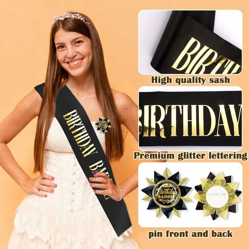 Birthday Baddie Sash Pin Set Black Glitter Sash Pin Button with Gold Foil for Women Girls Men Decorations Accessories for Party Supplies in Saudi Arabia