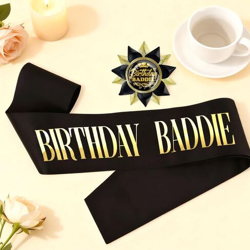 Birthday Baddie Sash Pin Set Black Glitter Sash Pin Button with Gold Foil for Women Girls Men Decorations Accessories for Party Supplies in Saudi Arabia