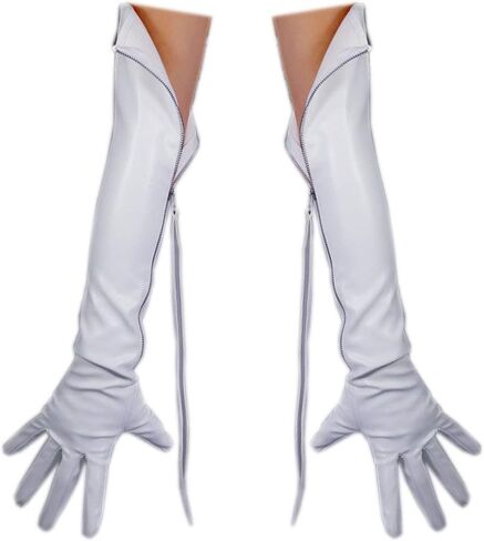 Women Long Gloves Faux Leather PU White 24inches Extra Long Zipper Tassel Arms in Saudi Arabia