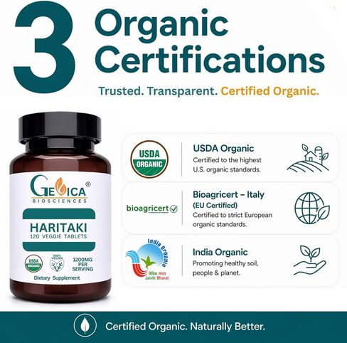 Haritaki – USDA Organic, 1200 mg per Serving, 120 Vegan Tablets Terminalia chebula Whole Fruit, No Extract, NPOP & BioAgriCert Certified in Saudi Arabia