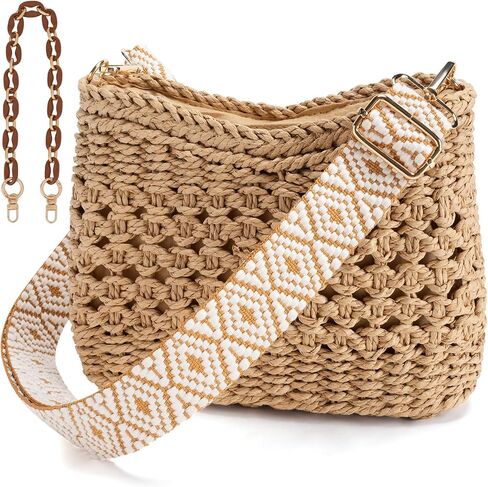 Avisky Womens Straw Beach Bag Small Tote Summer Crossbody Bag Woven Purse Shoulder Handbag with Chain in Kuwait