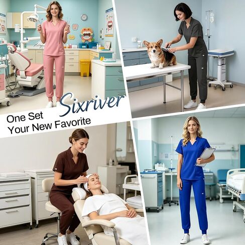 Medical Scrubs for Women Set with 11 Pockets V-Neck Stretch Scrub Set Jogger Pants Yoga Waistband Nursing Uniform in Kuwait