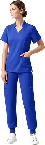 Medical Scrubs for Women Set with 11 Pockets V-Neck Stretch Scrub Set Jogger Pants Yoga Waistband Nursing Uniform in Kuwait