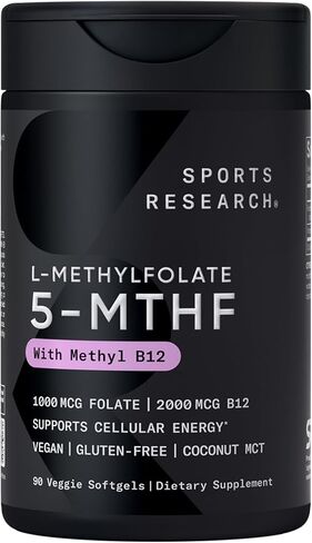 Sports Research® Methyl Folate + B12-1000 mcg L-Methylfolate & 2000 mcg Methylcobalamin for Cellular Energy Support - Vegan B12 w/Coconut MCT Oil - Non-GMO, Gluten Free - 90 Veggie Softgels in Kuwait