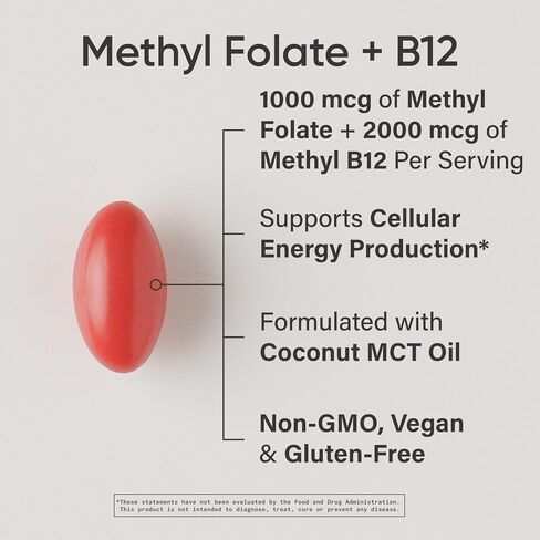 Sports Research® Methyl Folate + B12-1000 mcg L-Methylfolate & 2000 mcg Methylcobalamin for Cellular Energy Support - Vegan B12 w/Coconut MCT Oil - Non-GMO, Gluten Free - 90 Veggie Softgels in Kuwait