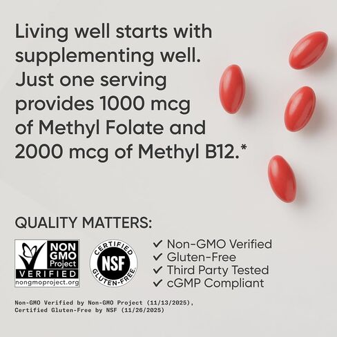 Sports Research® Methyl Folate + B12-1000 mcg L-Methylfolate & 2000 mcg Methylcobalamin for Cellular Energy Support - Vegan B12 w/Coconut MCT Oil - Non-GMO, Gluten Free - 90 Veggie Softgels in Kuwait