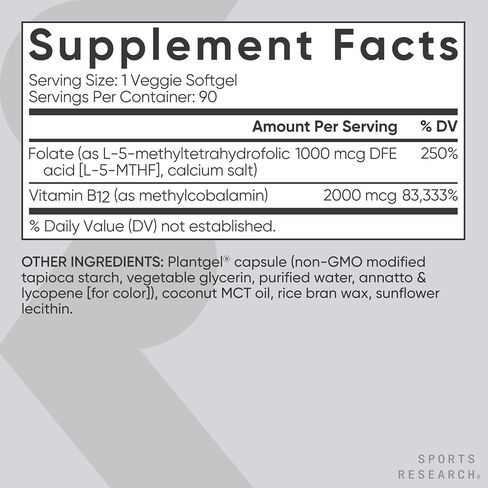 Sports Research® Methyl Folate + B12-1000 mcg L-Methylfolate & 2000 mcg Methylcobalamin for Cellular Energy Support - Vegan B12 w/Coconut MCT Oil - Non-GMO, Gluten Free - 90 Veggie Softgels in Kuwait