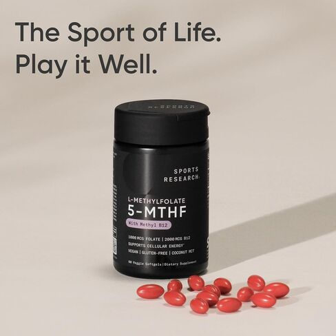 Sports Research® Methyl Folate + B12-1000 mcg L-Methylfolate & 2000 mcg Methylcobalamin for Cellular Energy Support - Vegan B12 w/Coconut MCT Oil - Non-GMO, Gluten Free - 90 Veggie Softgels in Kuwait