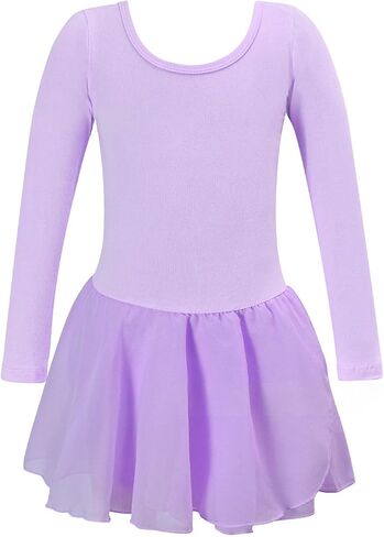 Girls Basic Long Sleeve Casual Leotard with Skirt Kid Dance Ballet Dress Round Neck Solid Color Dresses Fall Spring in Kuwait