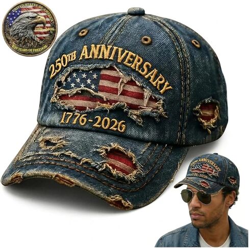 Lamdo USA 250th Anniversary Hat Commemorative Coin 1776-2026,Distressed Embroidered Patriotic Baseball Cap(1Hat+1Coin) in Saudi Arabia