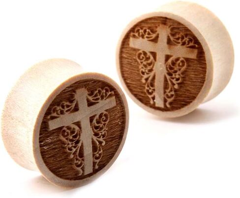 Pair Jesus Christ Filigree Cross Double Flare Organic Crocodile Wood Ear Plugs in Saudi Arabia