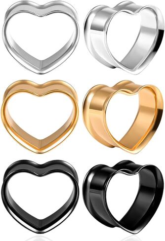 3 Pairs/6 Pairs Set Heart Shape Tunnels Plugs Gauges for Ears Piercing Jewelry Black Gold 2g 0g Stainless Steel Ear Dangle Accessories For Women Mens in Kuwait