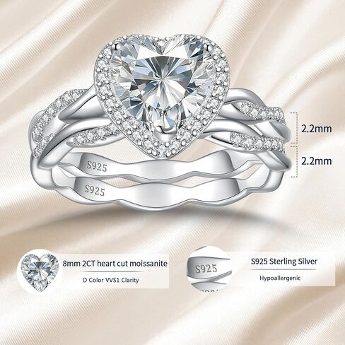 حلقات وعد الخطوبة من AVECON Moissanite لها، 2 قيراط D اللون VVS1 حجر قطع القلب، 925 عقدة من الفضة الاسترليني إنفينيتي عقدة ملتوية هدية وعد الذكرى السنوية للزفاف مع شهادة، مقاس 5-10 in Kuwait