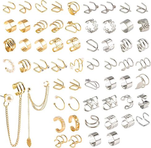 60 Pcs Ear Cuff Earrings for Women Non Piercing Helix Cartilage Silver Gold Plated Clip on Earrings Ear Wrap Earring for Sensitive Ears Women Men Fake Earring Set in Saudi Arabia