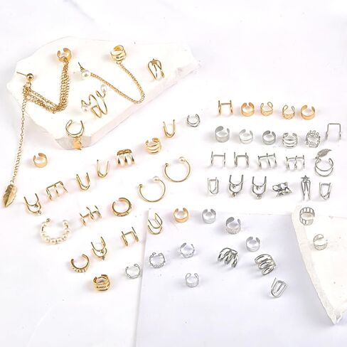 60 Pcs Ear Cuff Earrings for Women Non Piercing Helix Cartilage Silver Gold Plated Clip on Earrings Ear Wrap Earring for Sensitive Ears Women Men Fake Earring Set in Saudi Arabia