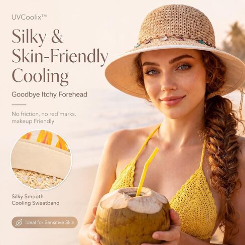 TOP-EX Uvcoolix™ Chicpony Cooling UPF80+ Chin Straps Floppy Wide Brim Beach Straw Sun Hat in Kuwait