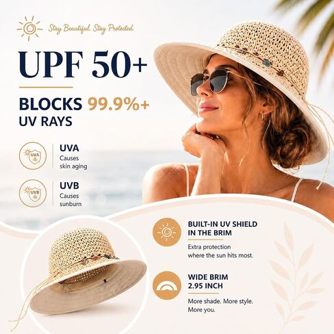 TOP-EX Uvcoolix™ Chicpony Cooling UPF80+ Chin Straps Floppy Wide Brim Beach Straw Sun Hat in Kuwait