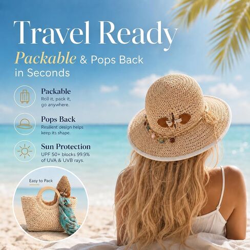 TOP-EX Uvcoolix™ Chicpony Cooling UPF80+ Chin Straps Floppy Wide Brim Beach Straw Sun Hat in Kuwait