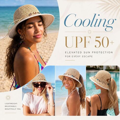 TOP-EX Uvcoolix™ Chicpony Cooling UPF80+ Chin Straps Floppy Wide Brim Beach Straw Sun Hat in Kuwait