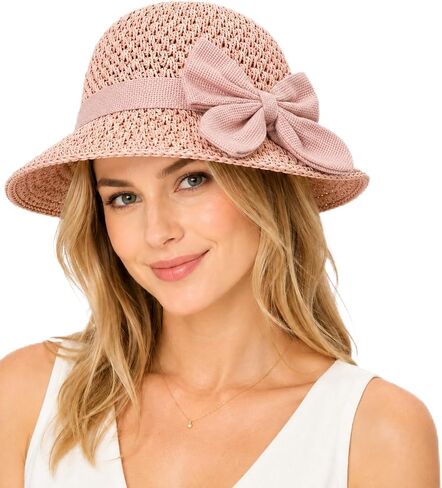 Straw Sun Hat for Women, Foldable Wide Brim Straw Bucket Hats with Adjustable Drawstring & Bow in Kuwait