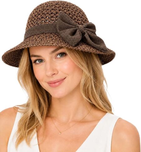 Straw Sun Hat for Women, Foldable Wide Brim Straw Bucket Hats with Adjustable Drawstring & Bow in Kuwait