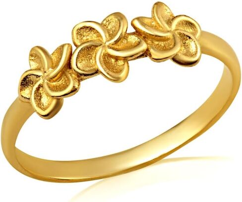10K Yellow, White, and Rose Gold Dainty 2mm Trio Hawaiian Flower Plumeria Band Statement Ring for Women Girls, Available in Sizes 4-12 in Kuwait