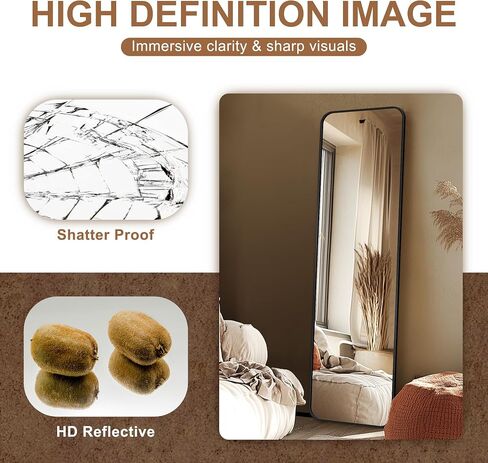 Delma Full Length Mirror, Floor Standing Full Body Mirror for Bedroom, Wall Mounted, Freestanding or Leaning, Rounded Corners Rectangle Design for Living Room, Bedroom or Dressing Room(Black) in Saudi Arabia