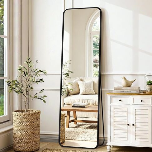Delma Full Length Mirror, Floor Standing Full Body Mirror for Bedroom, Wall Mounted, Freestanding or Leaning, Rounded Corners Rectangle Design for Living Room, Bedroom or Dressing Room(Black) in Saudi Arabia