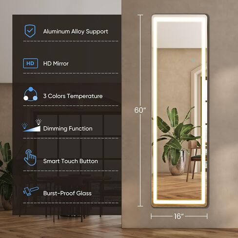 DUMOS 16" x 60" LED Full Length Mirror with Lights, Lighted Floor Full Body Mirrors with 3 Color Lighting, Wall Mounted Stand Mirror for Bedroom, Dressing Room, Living Room, Bathroom in Kuwait