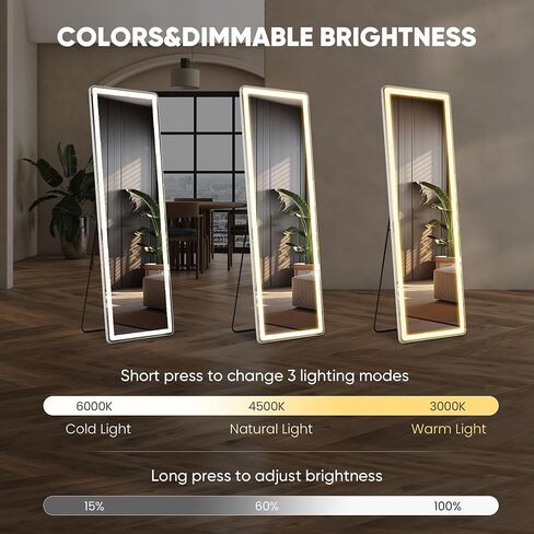 DUMOS 16" x 60" LED Full Length Mirror with Lights, Lighted Floor Full Body Mirrors with 3 Color Lighting, Wall Mounted Stand Mirror for Bedroom, Dressing Room, Living Room, Bathroom in Kuwait