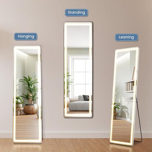 DUMOS 16" x 60" LED Full Length Mirror with Lights, Lighted Floor Full Body Mirrors with 3 Color Lighting, Wall Mounted Stand Mirror for Bedroom, Dressing Room, Living Room, Bathroom in Kuwait