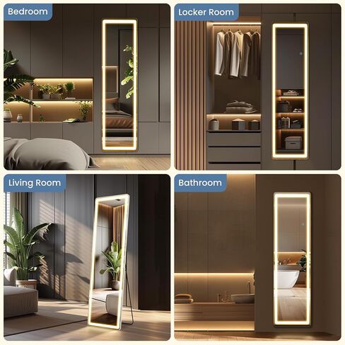 DUMOS 16" x 60" LED Full Length Mirror with Lights, Lighted Floor Full Body Mirrors with 3 Color Lighting, Wall Mounted Stand Mirror for Bedroom, Dressing Room, Living Room, Bathroom in Kuwait