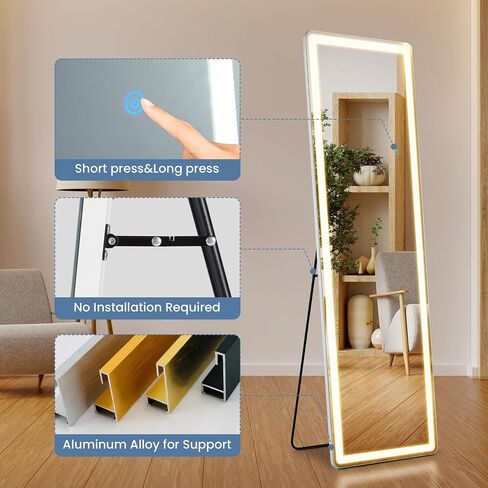 DUMOS 16" x 60" LED Full Length Mirror with Lights, Lighted Floor Full Body Mirrors with 3 Color Lighting, Wall Mounted Stand Mirror for Bedroom, Dressing Room, Living Room, Bathroom in Kuwait