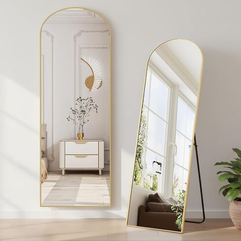NEWBULIG Arched Mirror Full Length, 16"x59" Body Wall Mirrors with Shatter-Proof Glass, Upgraded Floor Standing Mirror, Hanging or Leaning, with Stand Aluminum Alloy Frame for Home Decor, Gold in Kuwait