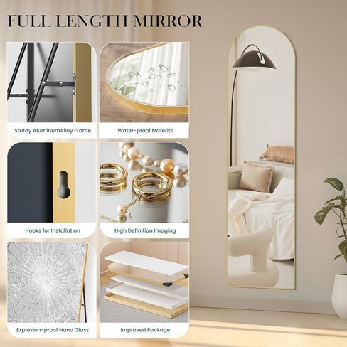 NEWBULIG Arched Mirror Full Length, 16"x59" Body Wall Mirrors with Shatter-Proof Glass, Upgraded Floor Standing Mirror, Hanging or Leaning, with Stand Aluminum Alloy Frame for Home Decor, Gold in Kuwait