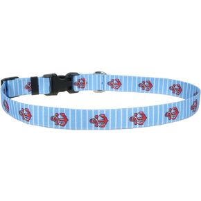 Yellow Dog Design Anchors On Blue Stripes Dog Collar Fits Neck 14 to 20", Medium 1" Wide