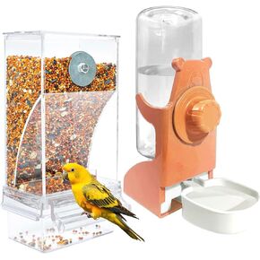 No Mess Bird Feeders with Water Dispenser and 15.7'' Bird Rope Perche, Climbing Standing Bungee Parrot Swing Toys, Automatic Transparent Acrylic Food Container Drinker Bird toy for Cage
